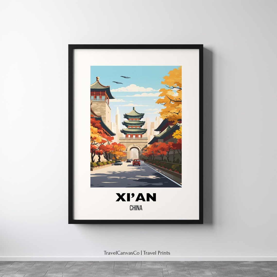 Xi'an China Autumn Bell Tower Old Town Vintage Travel Poster