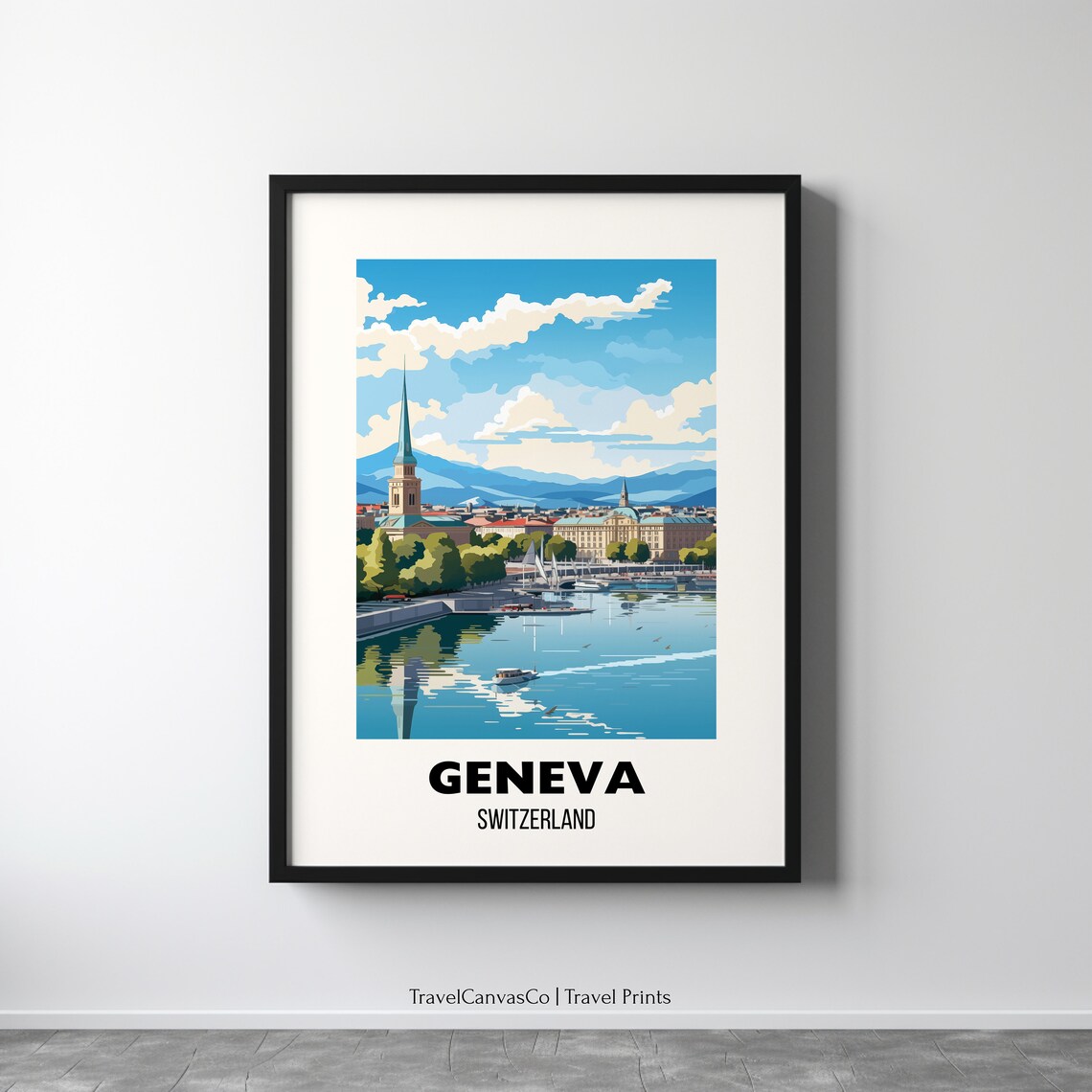 Geneva Switzerland Lake Waterfront City Alps View Travel Poster