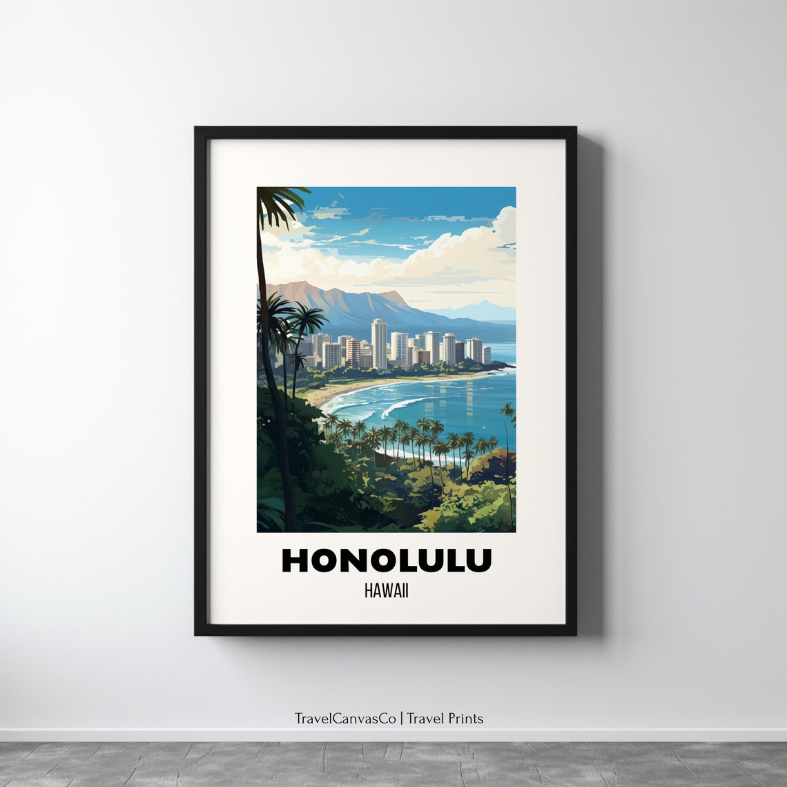 Honolulu Hawaii Waikiki Skyline Diamond Head Bay Travel Poster