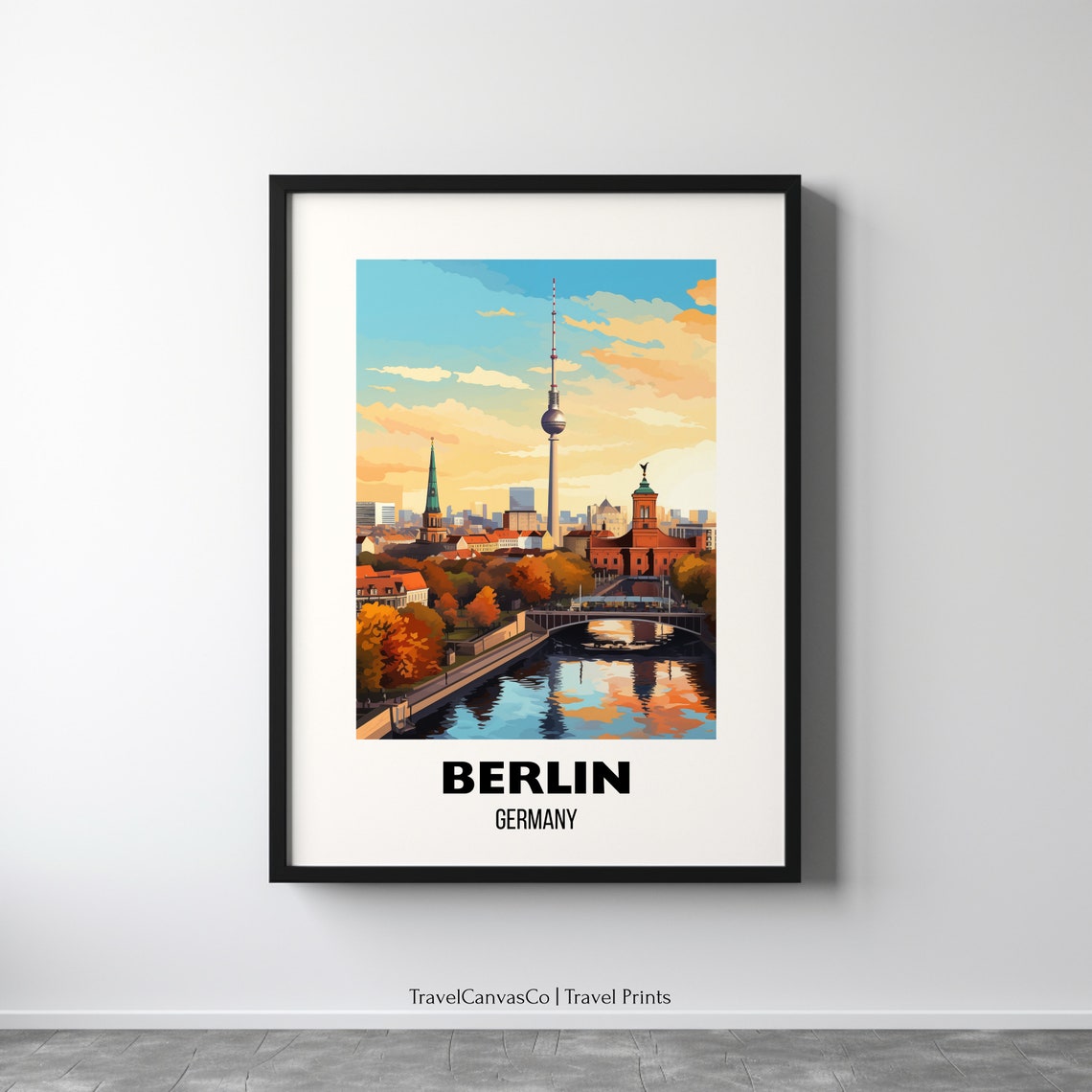 Berlin Germany Riverside City Sunset Skyline Scene Travel Poster