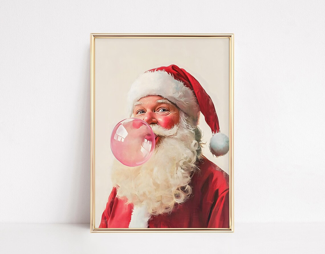 Funny Santa Bubblegum Print, Humorous Christmas Decor
