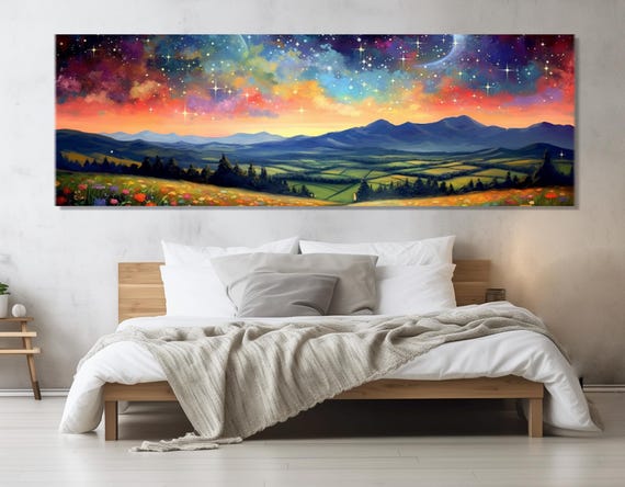 Night Starry Sky Over Meadow Painting Print Scenic Nature Landscape Art Rustic Wall Decor Framed And Ready To Hang