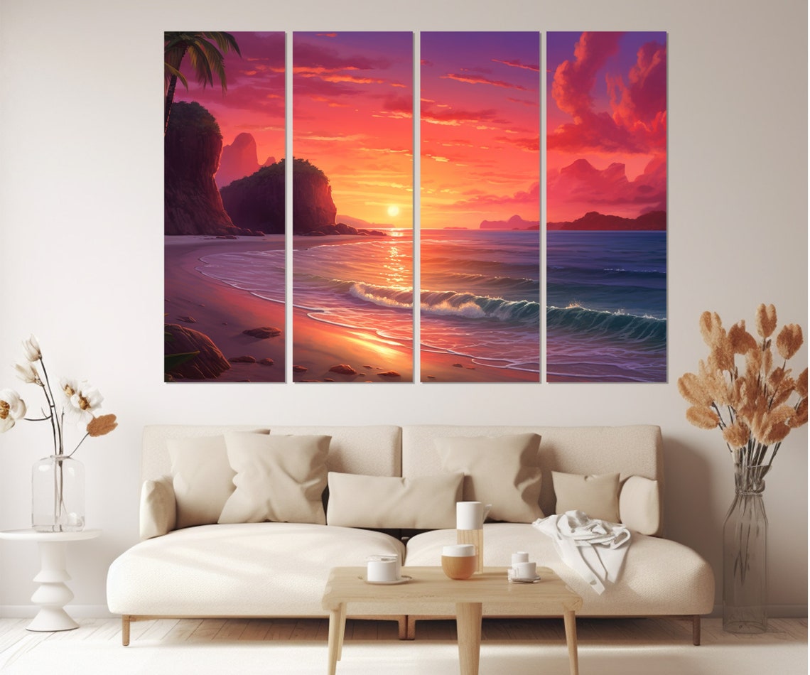 Crimson Sunset Beach Palm Cliffs Tropical Ocean Waves Travel Poster - Image 2