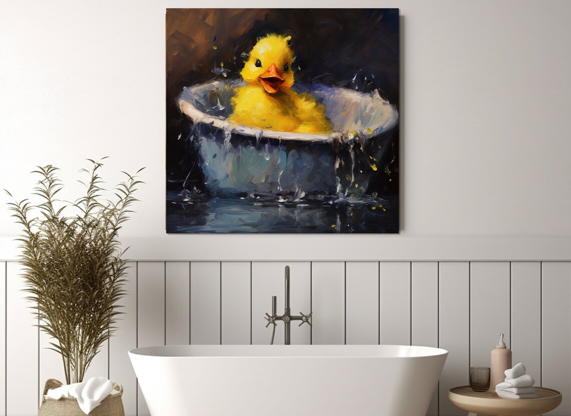 Happy Yellow Duckling Splashing In A Vintage Bathtub Painting Poster