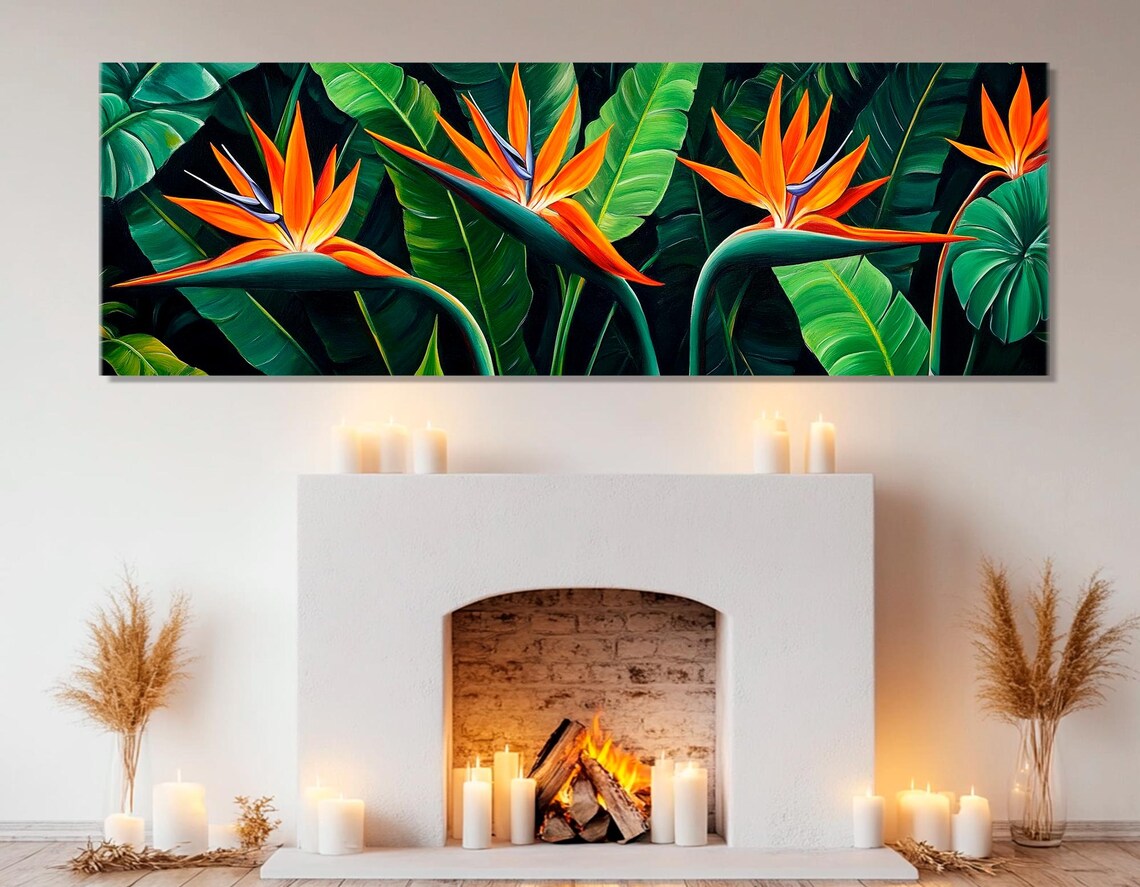Bird Of Paradise Flowers Orange Bloom Green Leaves Panorama Poster - Image 3