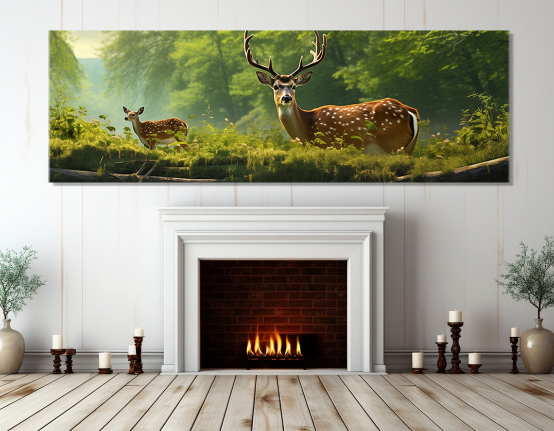 Mother Deer With Fawn In A Forest Painting Print Deers Family Painting Family Wall Art Forest House Decor Framed Ready To Hang - Image 2