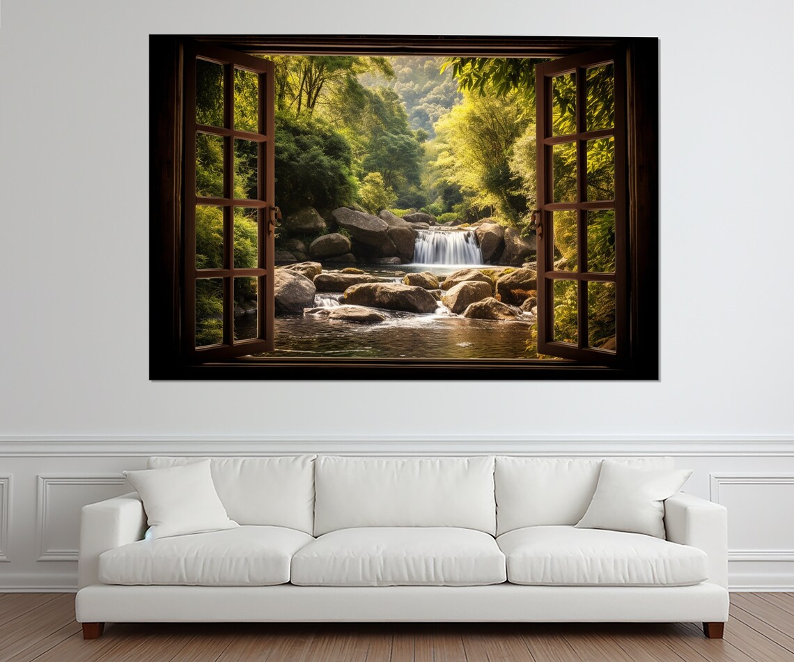 Open Window Waterfall View, Faux Window Art Print