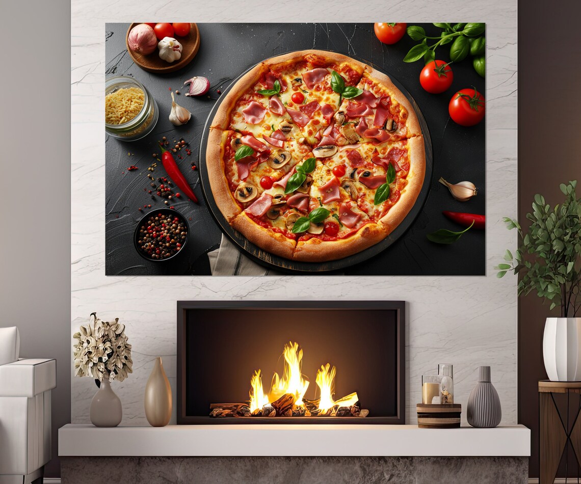 Overhead Italian Pizza Fresh Ingredients Dark Table Food Art Poster