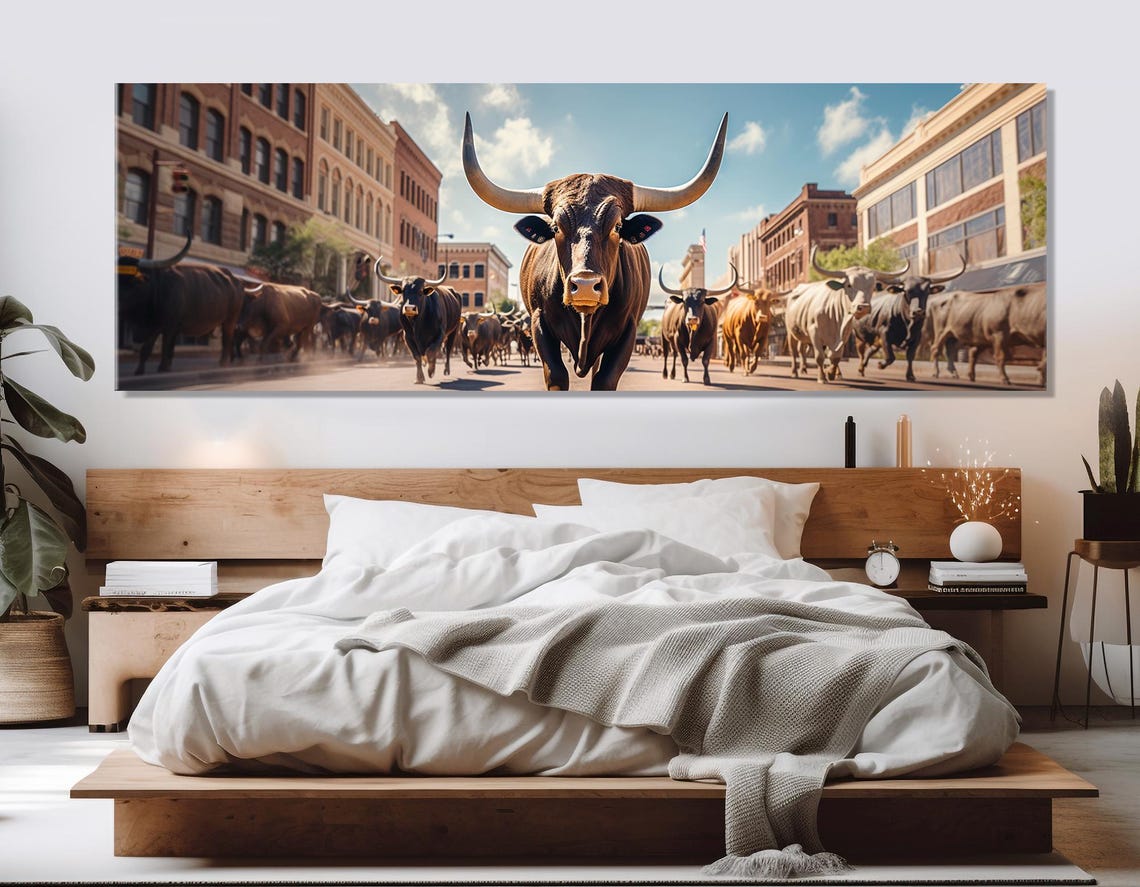 Texas Longhorn Cattle Drive Through Downtown Fort Worth Street Poster - Image 2