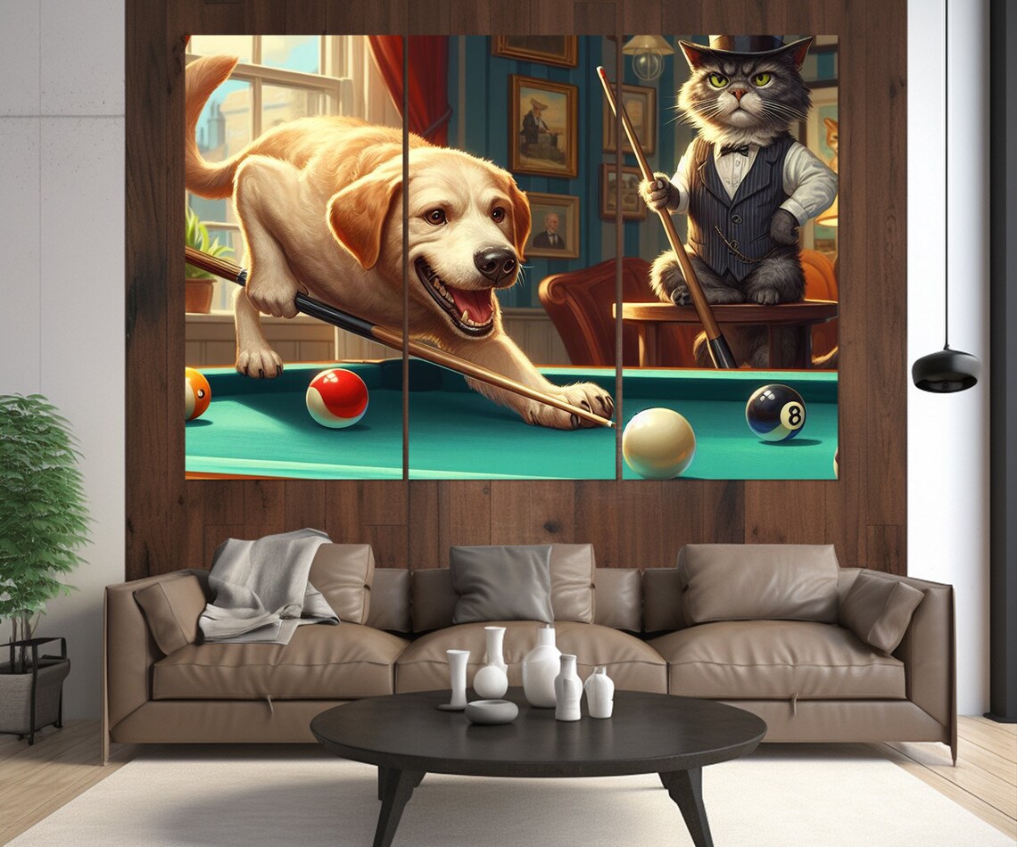 Dog And Cat Playing Billiards Pool Table Funny Animal Game Room Wall Art Print - Image 4