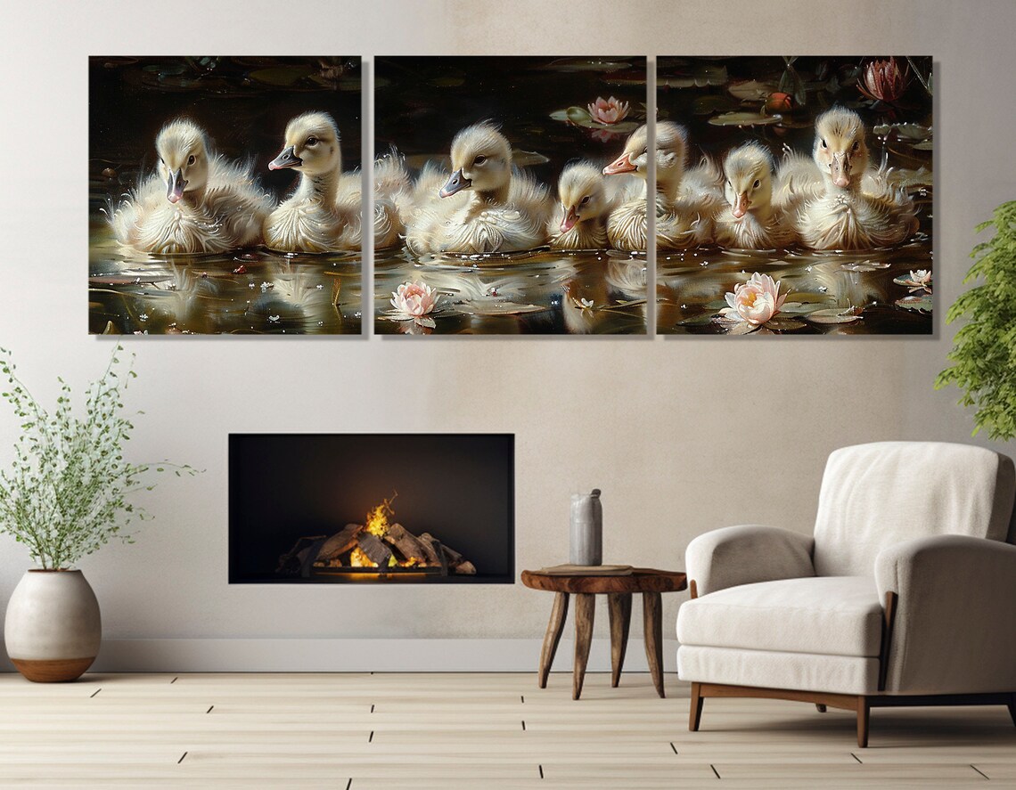 Seven Baby Swans Swimming Lily Pond Oil Painting Wildlife Art Poster - Image 4
