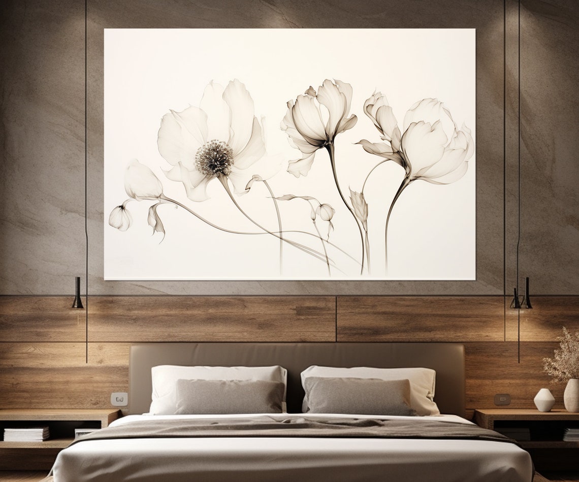 Minimalist White Flowers Line Art Neutral Botanical Wall Art Print