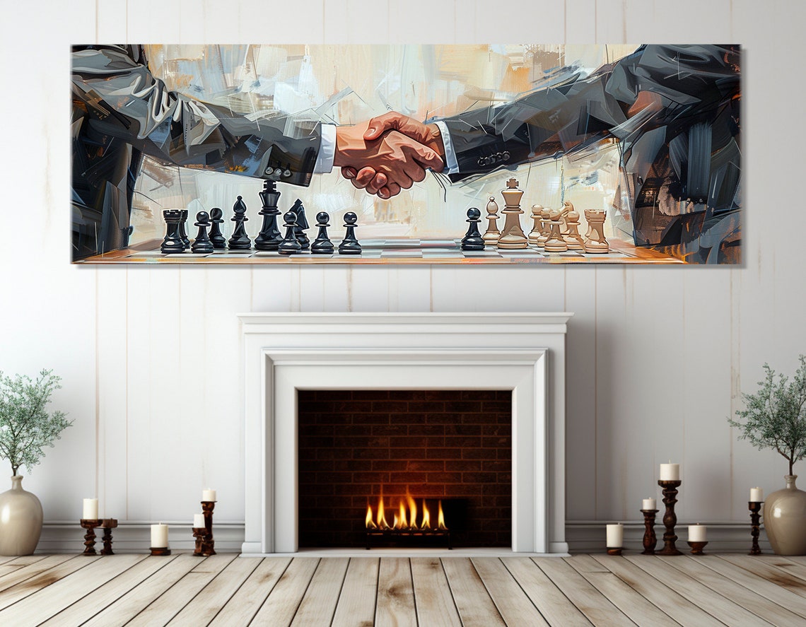 Business Deal Handshake Chess Triptych Painting Modern Office Poster - Image 4