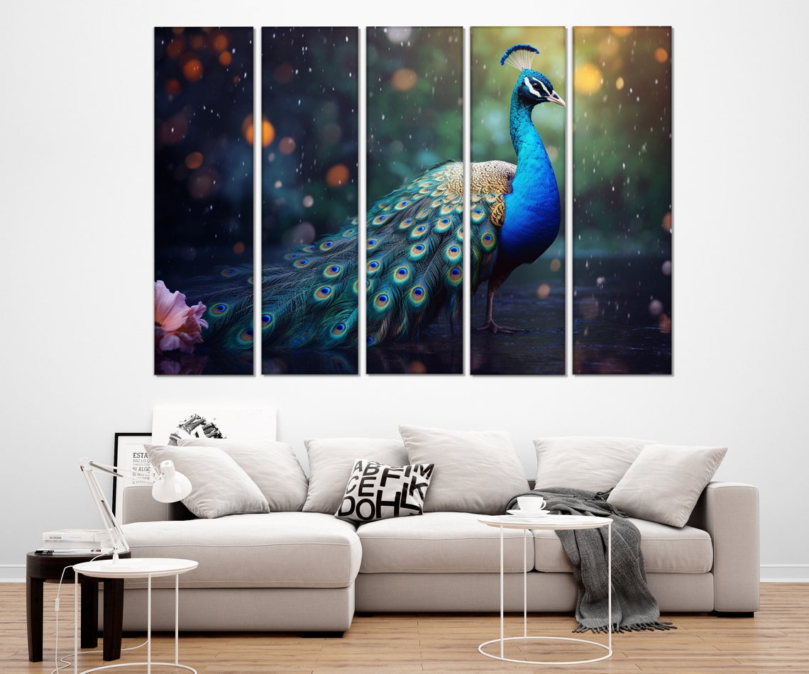 Peacock Iridescent Feather Tail Rain Bokeh Elegant Bird Wall Art - Image 3