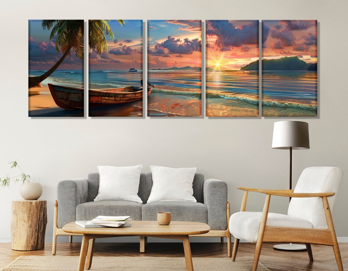 Weathered Fishing Boat Tropical Sunset Palm Shore Island Travel Poster - Image 2