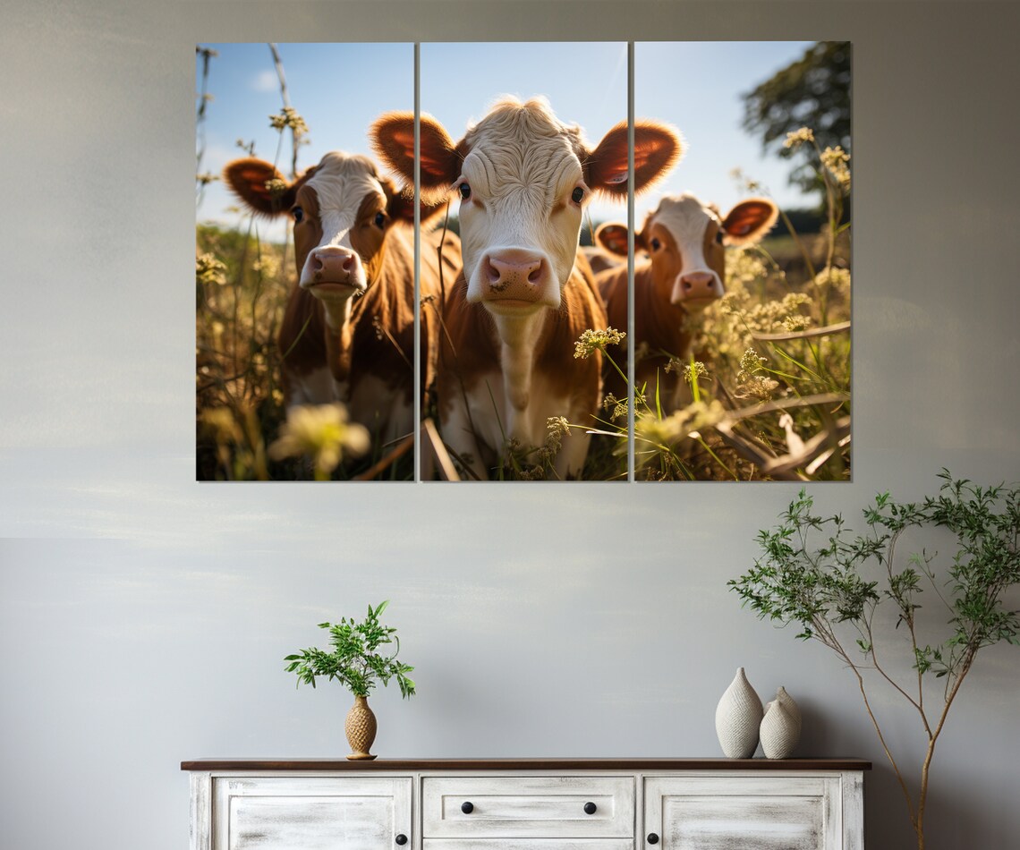 Three Curious Cows In Sunny Meadow Field Farm Photography Wall Poster - Image 3