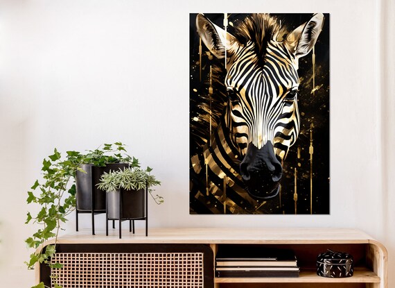 Zebra Portrait Black Gold Stripes Dramatic Vertical Wildlife Wall Art Print
