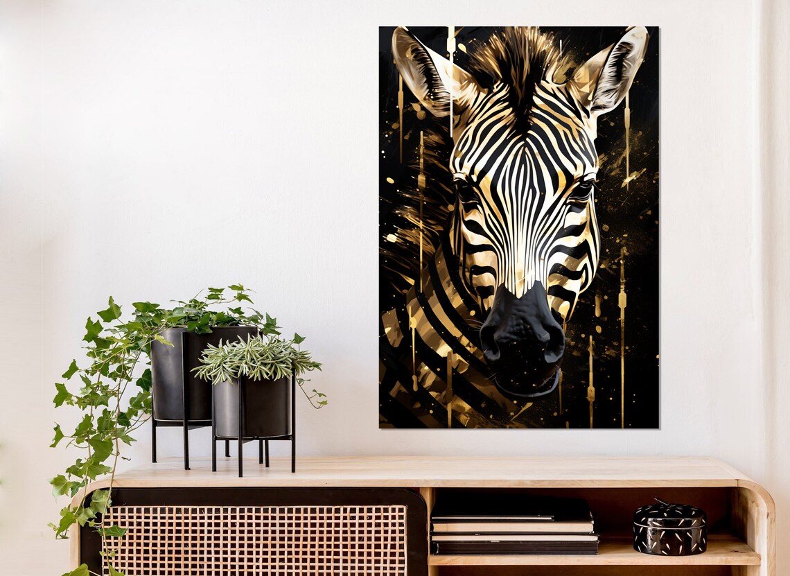 Zebra Portrait Black Gold Stripes Dramatic Vertical Wildlife Wall Art Print