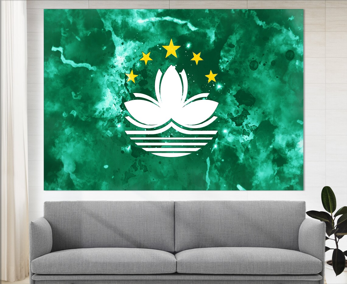 Macau Flag Watercolor Green Lotus Gold Stars Canvas Wall Art Poster