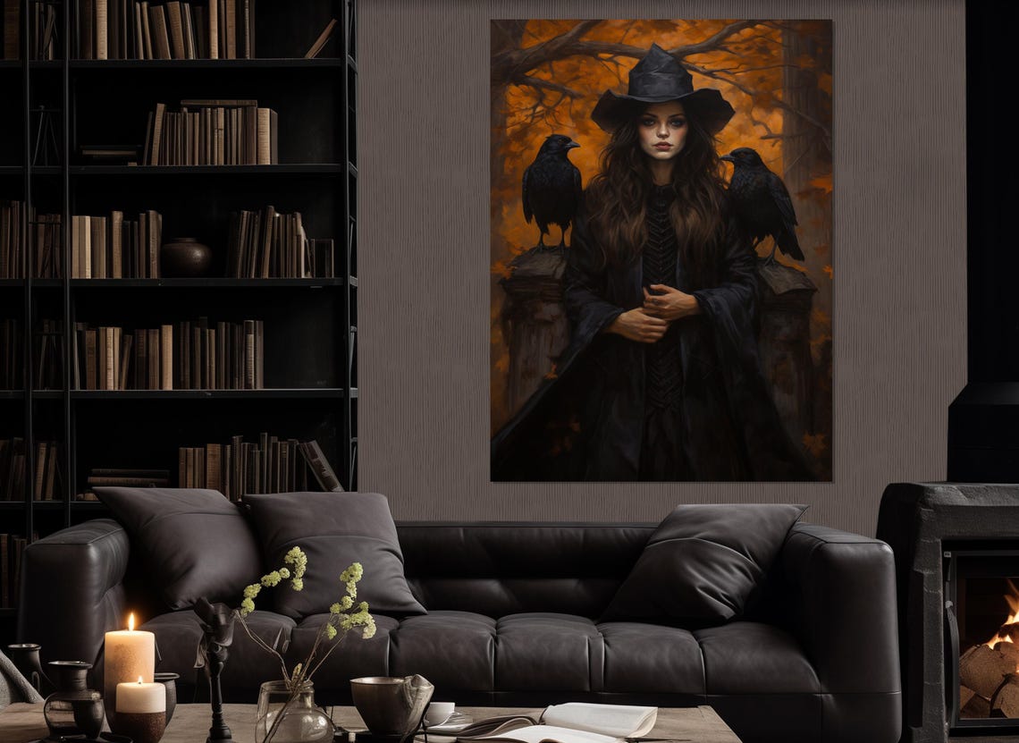 Autumn Witch Black Hat Two Ravens Orange Forest Gothic Fantasy Poster - Image 4