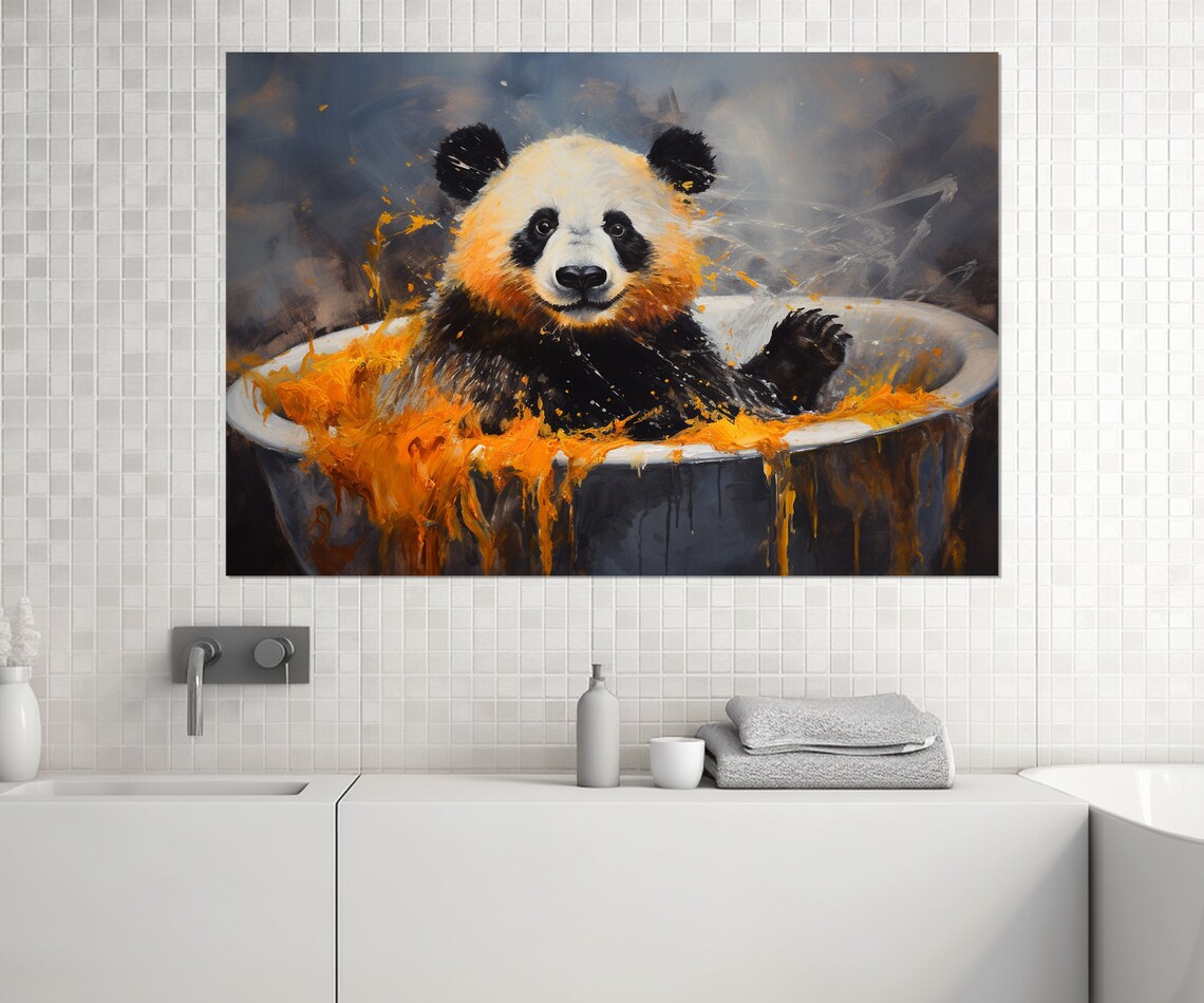 Cute Panda Bathtub Orange Paint Splashes Playful Nursery Wall Art - Image 3