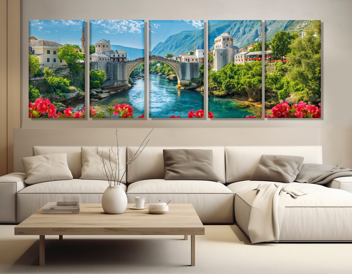 Mostar Old Bridge Stari Most Neretva River Red Flowers Bosnia Poster - Image 3