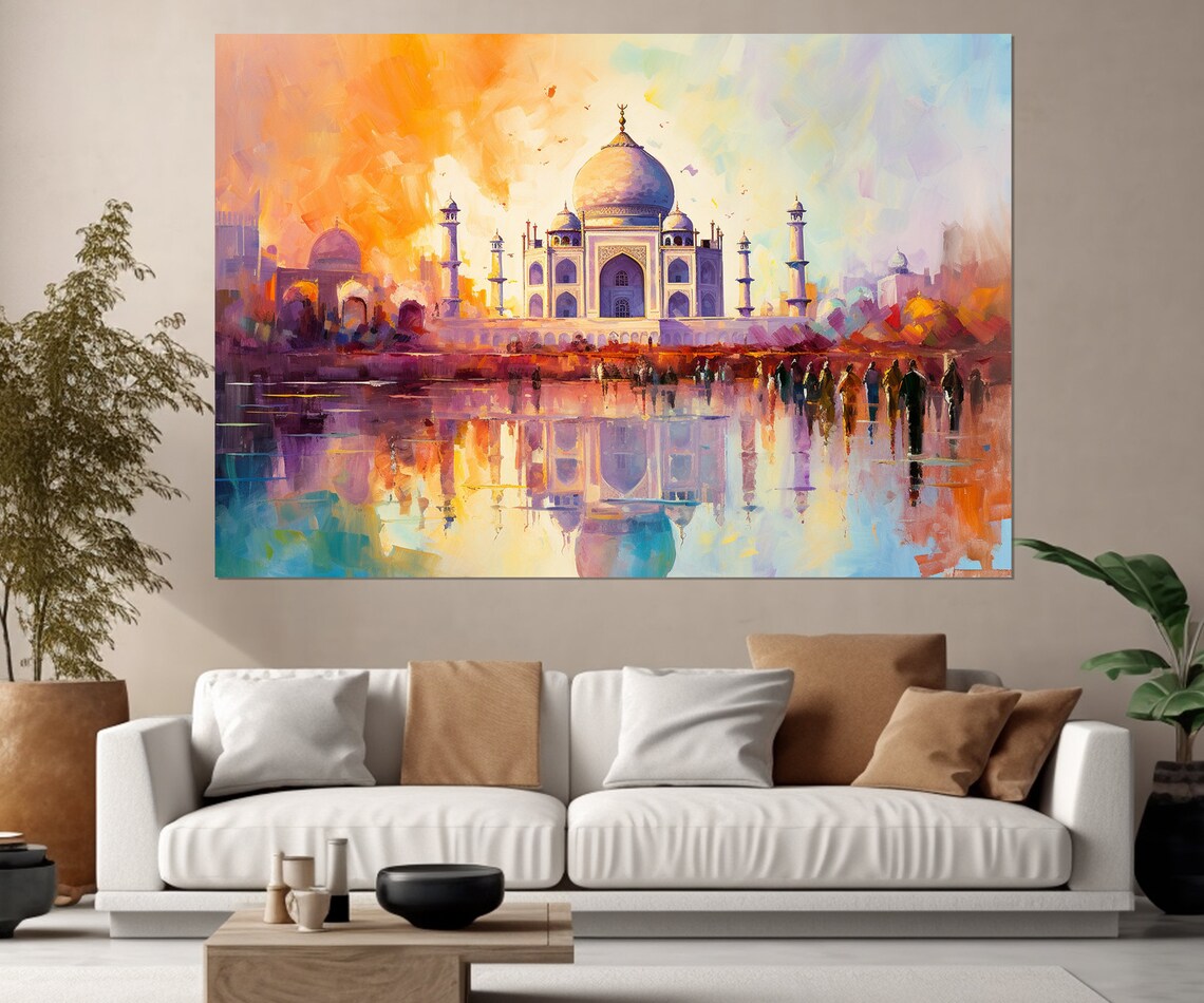 Taj Mahal Sunset Abstract Oil Painting River Reflection India Poster - Image 3