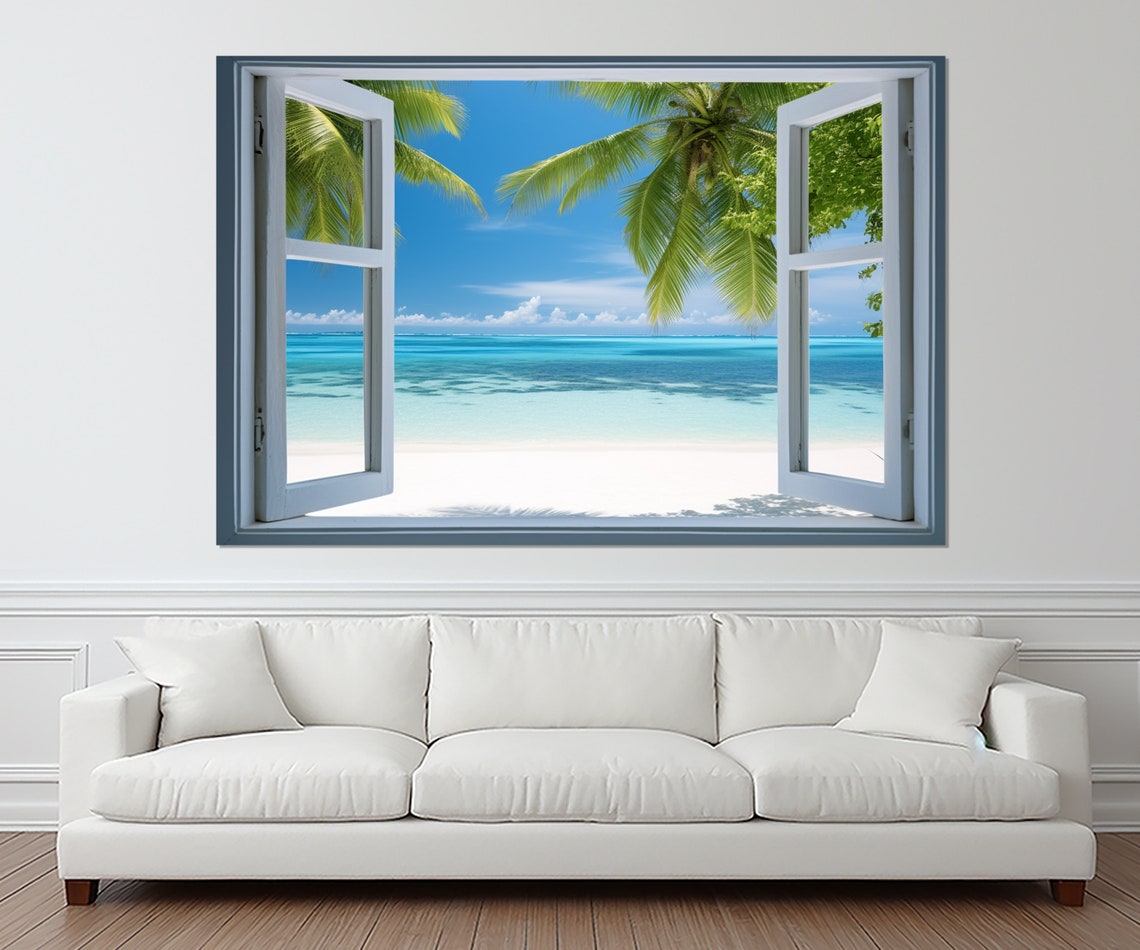 Tropical Beach Open Window Palm Trees Turquoise Sea White Sand Poster