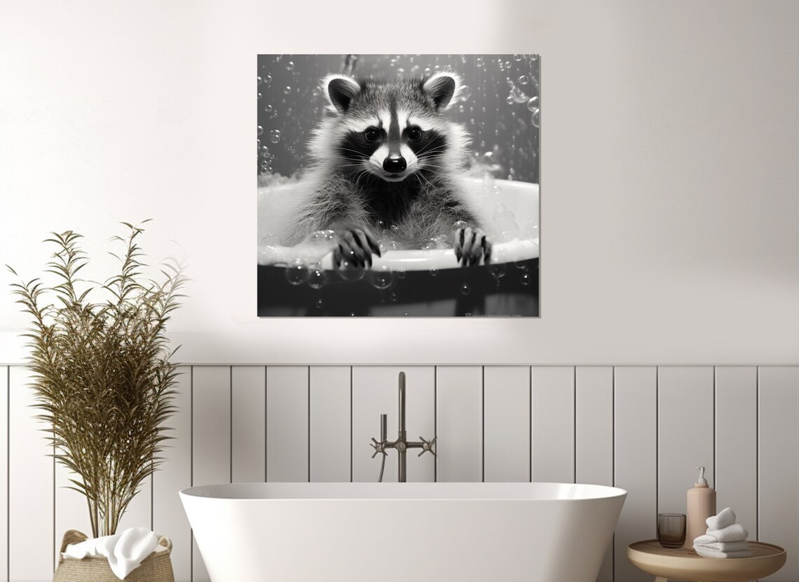 Cute Raccoon In Bubble Bath Black And White Funny Bathroom Wall Art Print - Image 3