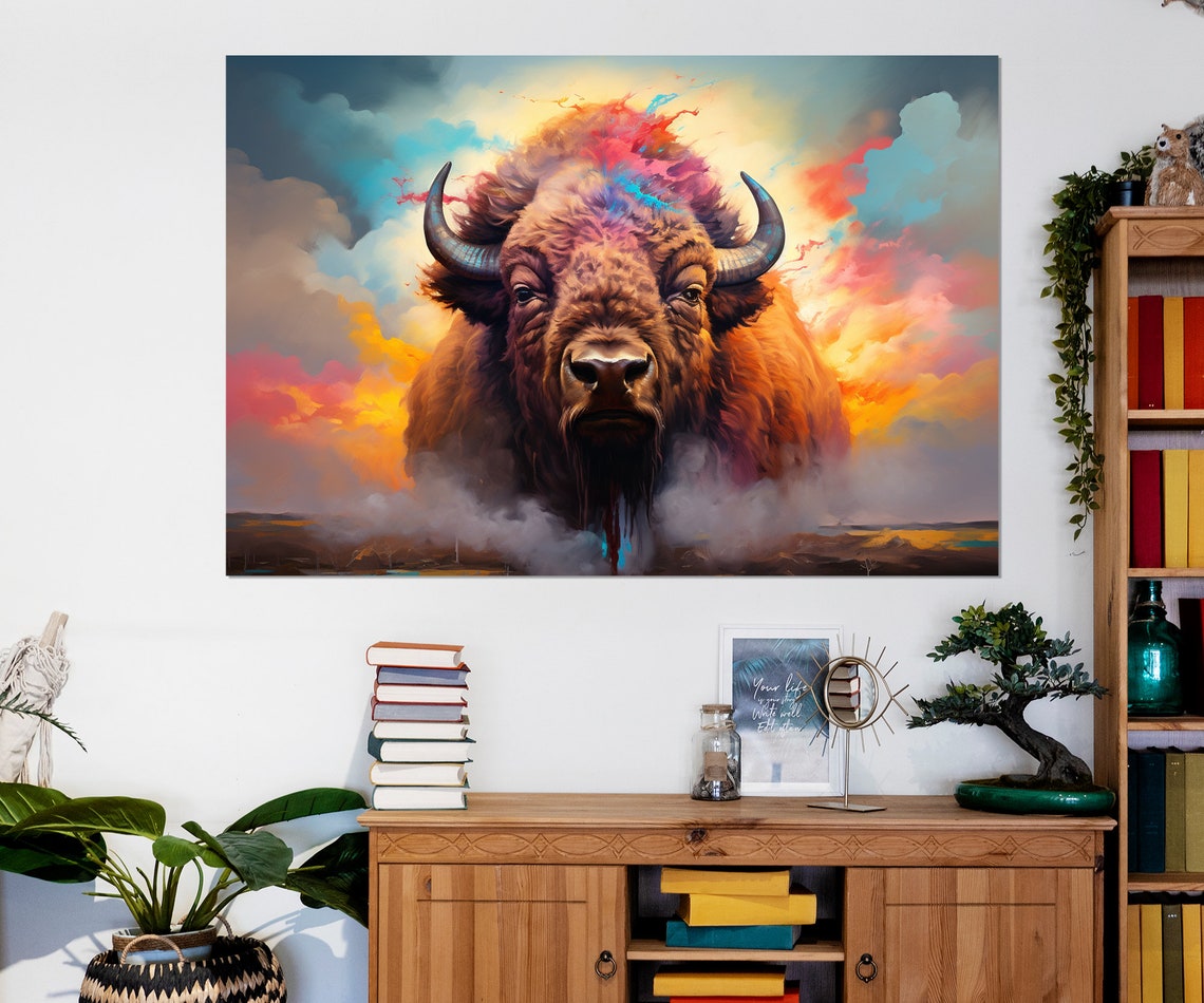 Majestic Bison Emerging From Colorful Sunset Clouds Wildlife Poster