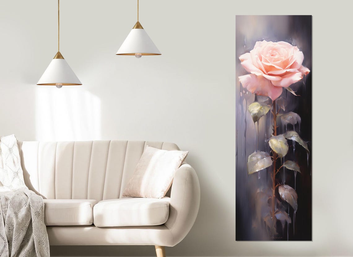 Blush Pink Rose Dark Moody Botanical Single Bloom Vertical Art Poster - Image 3