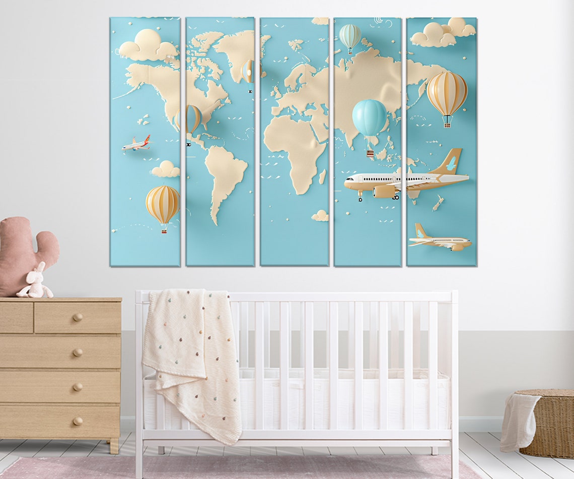 Kids 3D World Map Airplanes Hot Air Balloons Blue Nursery Wall Poster - Image 3