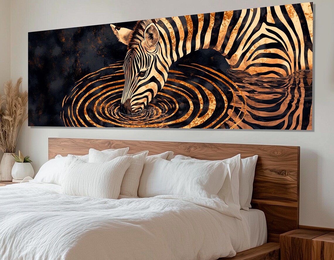 Black Gold Zebra Drinking Water Ripples Bold African Animal Wall Art Poster - Image 2