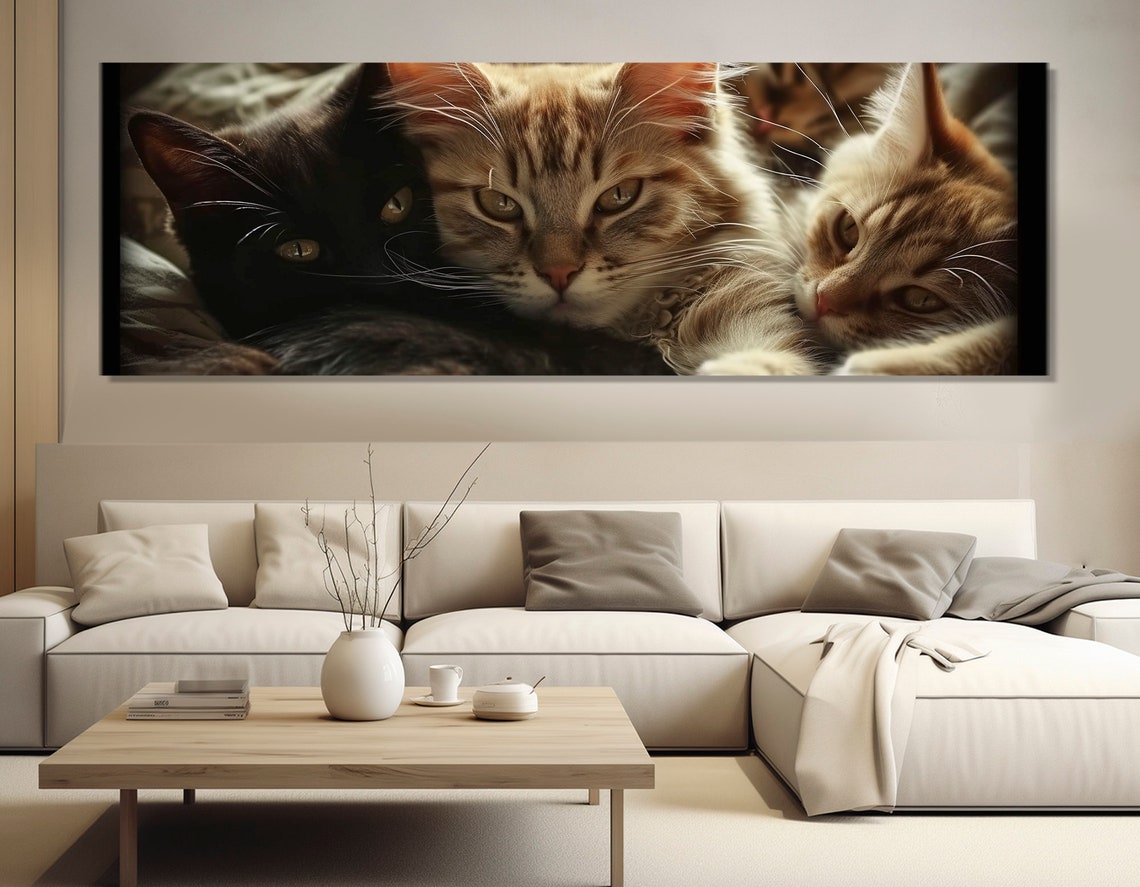 Two Cats Snuggling Close Up Portrait Tabby Black Cat Wall Art Poster