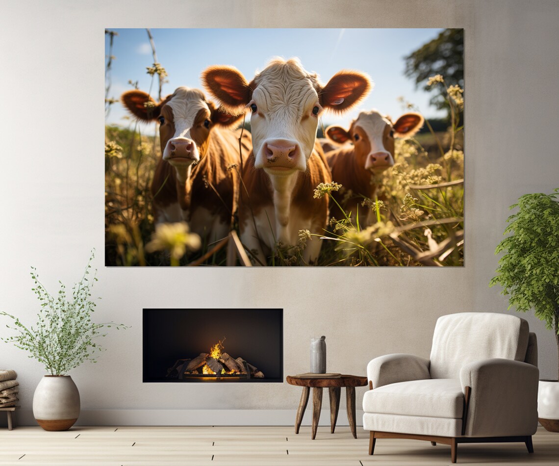 Three Curious Cows In Sunny Meadow Field Farm Photography Wall Poster