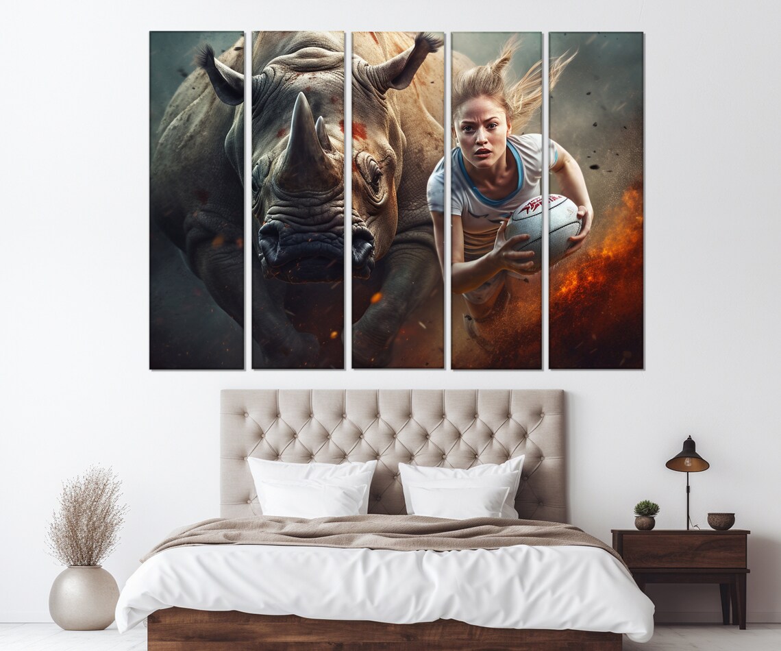 Woman Rugby Player Charging With Rhino Fierce Action Sports Wall Art Poster - Image 3