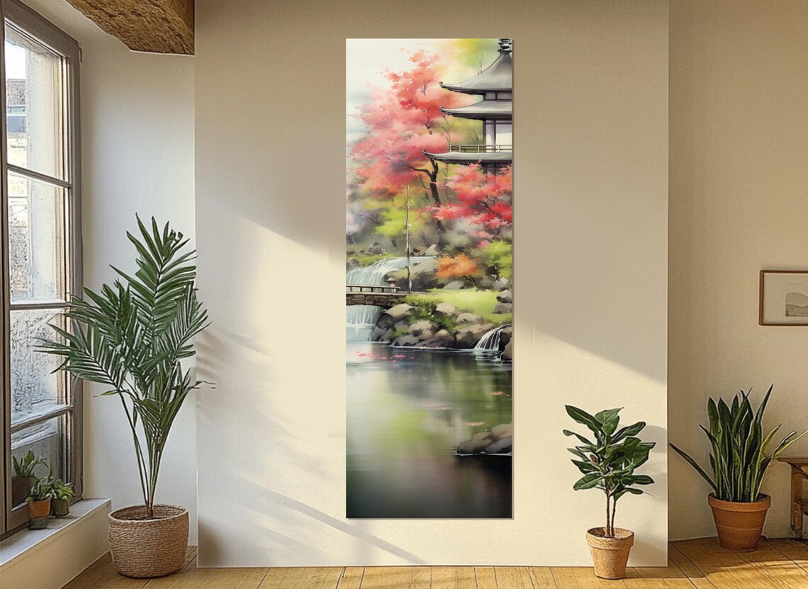 Japanese Garden Pagoda Red Maple Waterfall Pond Serene Art Poster