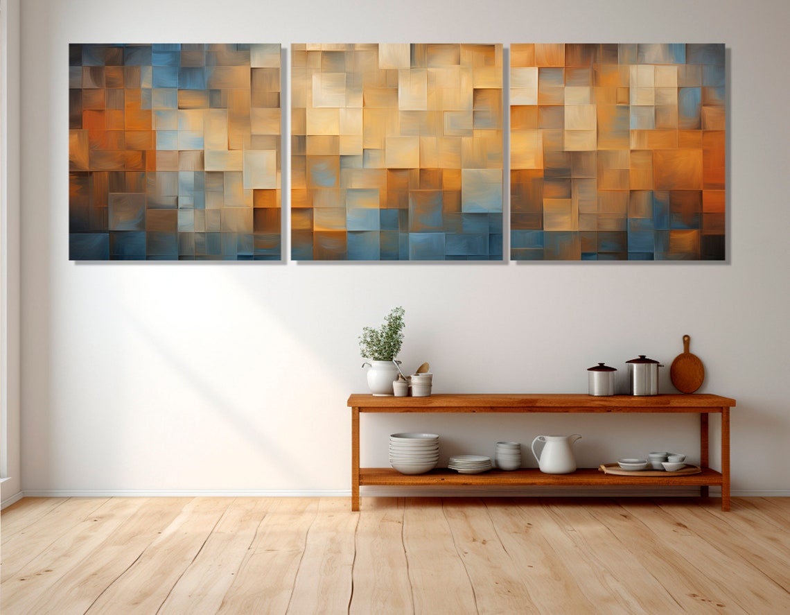 Abstract Mosaic Squares Blue Amber Contemporary Geometric Wall Art - Image 3