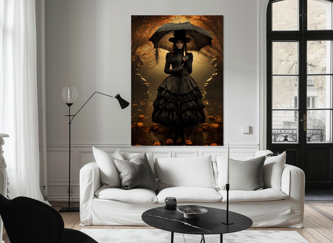 Victorian Witch Under Umbrella Autumn Rain Pumpkins Gothic Fantasy Poster - Image 4