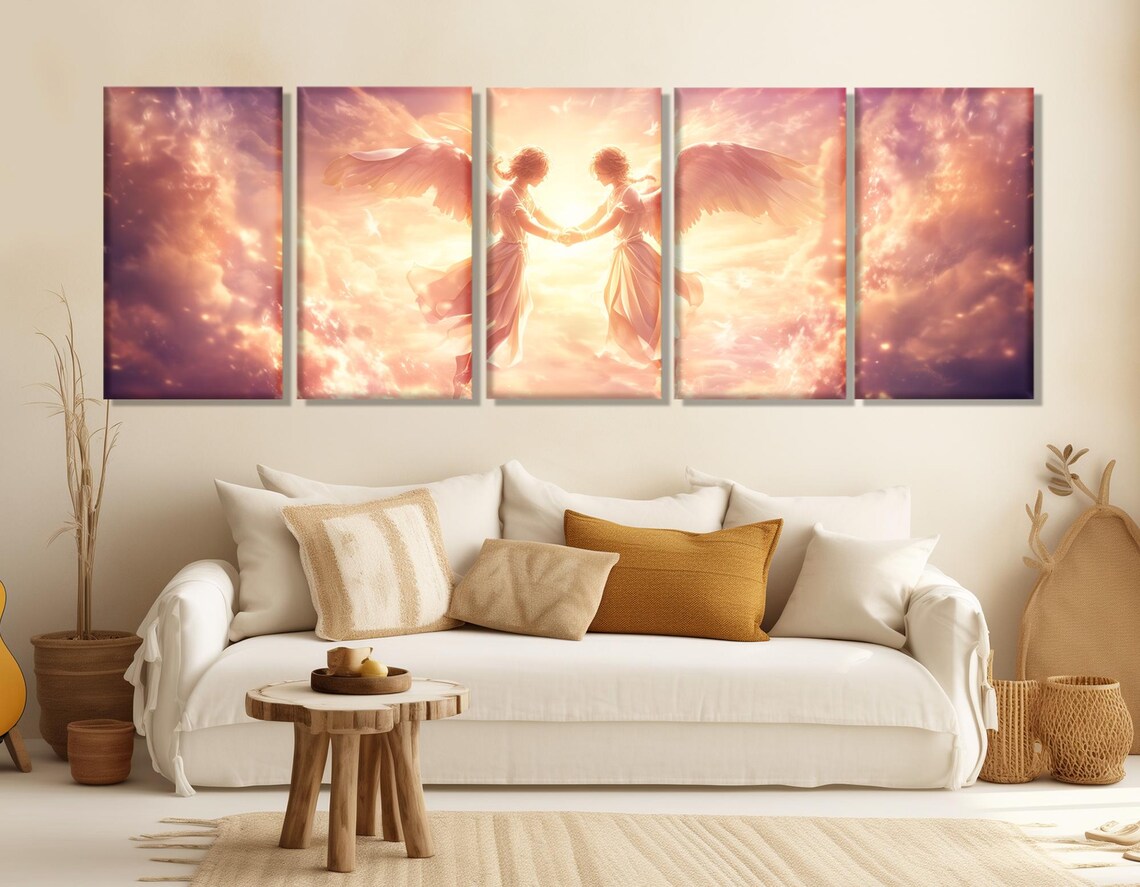 Two Angels Holding Hands Golden Heavenly Clouds Warm Light Wall Art Print - Image 2