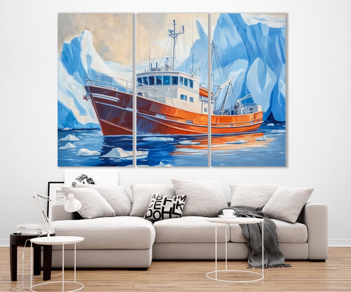 Fishing Boat In Northern Sea Print Motor Boat In Glaciers Painting Fishing Boat Wall Art Framed And Ready To Hang - Image 4