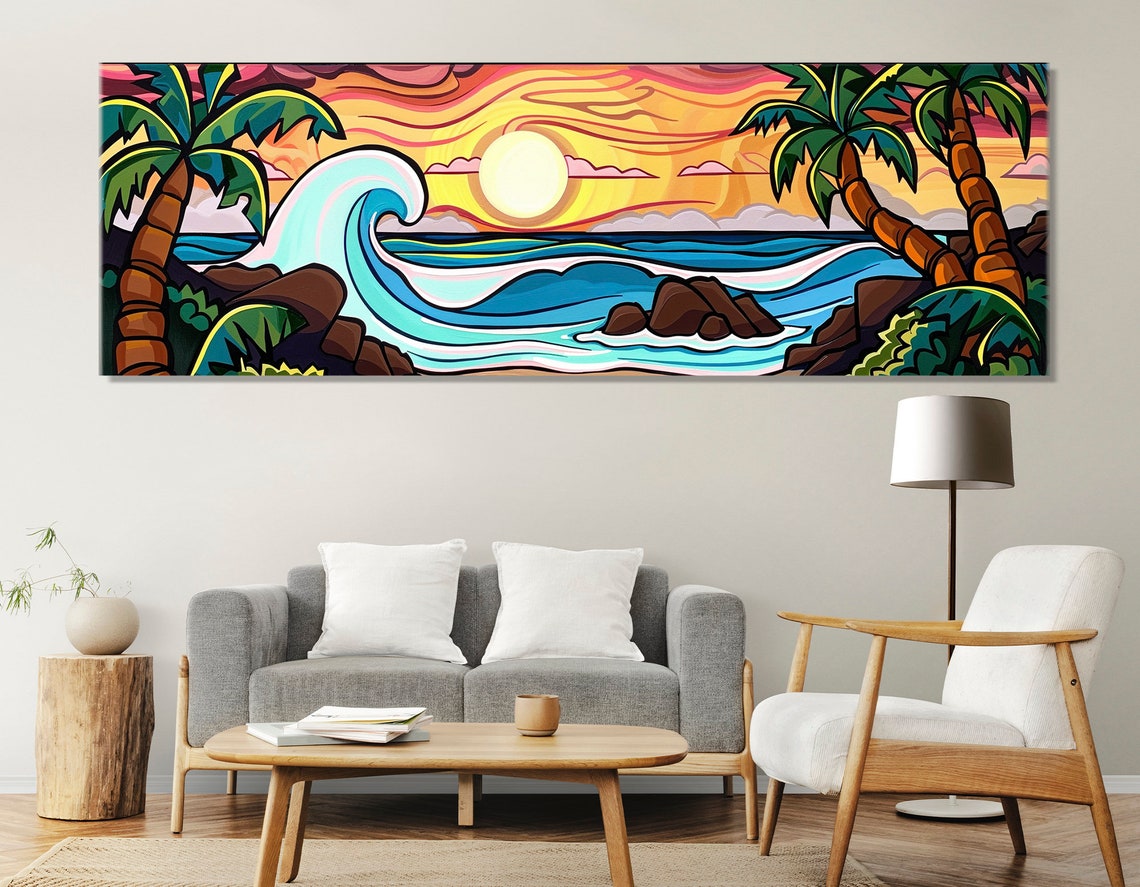 Tropical Beach Sunset Palm Trees Big Wave Colorful Pop Poster - Image 2