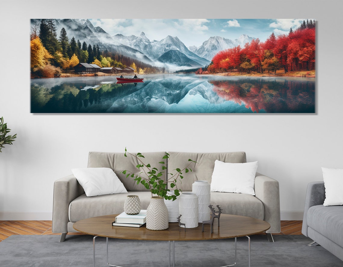 Mountain Lake Red Canoe Misty Peaks Autumn Colors Reflection Poster - Image 2