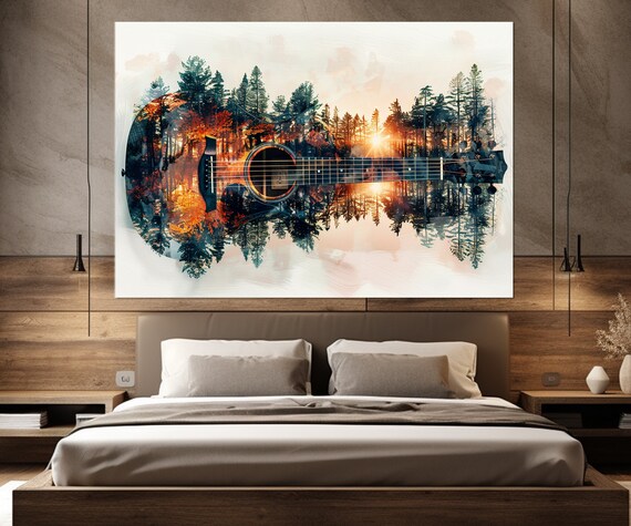 Abstract Guitar On Forest Background Painting Print Traveler Gift Guitar Teacher Gift Guitar Wall Art Framed And Ready To Hang