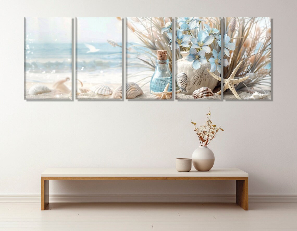 Sea Still Life Painting Print, Neutral Beach Flowers - Image 3