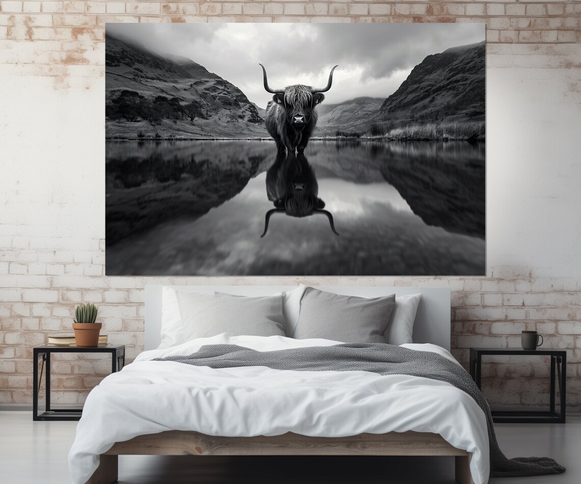 Highland Cow in Mountains, Black and White Farmhouse Art Print - Image 2