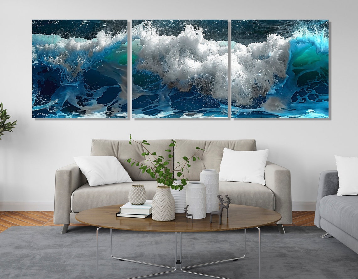 Deep Blue Ocean Wave Crashing Foam Close Up Dramatic Sea Wall Art - Image 4