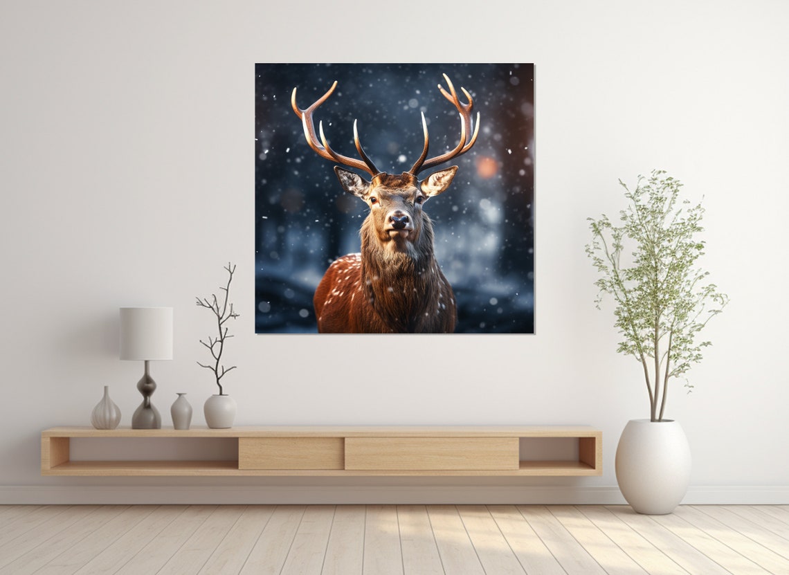 Majestic Stag Portrait Standing In Falling Snow At Night Poster - Image 4