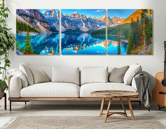 Scenic Moraine Lake Landscape Abstract Banff National Park Painting Print Moraine Lake Painting Framed And Ready To Hang