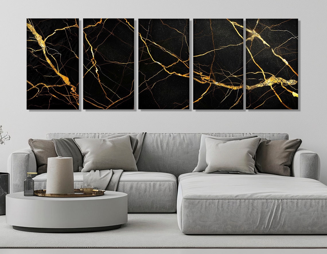 Black Marble Gold Veins Abstract Luxury Triptych Modern Wall Poster - Image 2